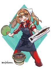 Rule 34 | 1girl, armband, bandana, brown eyes, commentary request, fish, green armband, green background, grill, hand fan, jacket, kantai collection, light brown hair, long hair, michishio (kancolle), mogamiya honu, one-hour drawing challenge, pants, paper fan, red jacket, red pants, saury, shichirin, solo, sweat, track jacket, track pants, track suit, twintails, two-tone background, uchiwa, white background