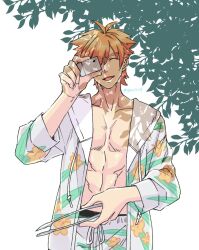 Rule 34 | 1boy, cellphone, closed eyes, coat, collarbone, fate/grand order, fate (series), highres, holding, holding phone, holding tongs, male focus, male swimwear, one eye covered, open clothes, open coat, open mouth, orange hair, pectorals, phone, robin hood (fate), robin hood (summer hunter) (fate), short hair, sleeves past elbows, smartphone, solo, swim trunks, tongs, twitter username, upper body, white background, yew (rainyroof)