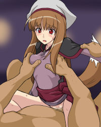 Rule 34 | 00s, 1girl, animal ears, bottomless, grabbing another&#039;s breast, breasts, brown hair, censored, cl-55, clothed sex, cowgirl position, fang, girl on top, grabbing, hat, holo, lowres, medium breasts, mosaic censoring, no panties, pov, red eyes, sex, solo focus, spice and wolf, straddling, tail, vaginal, wolf ears, wolf tail