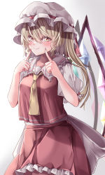 Rule 34 | 1girl, absurdres, back bow, blonde hair, bow, breasts, closed mouth, collared shirt, commentary request, cowboy shot, crystal, eyebrows hidden by hair, flandre scarlet, frilled shirt collar, frilled skirt, frilled sleeves, frills, gradient background, hair between eyes, hat, hat ribbon, highres, long hair, looking at viewer, mahoro (minase mahoro), mob cap, nail polish, necktie, pink eyes, puffy short sleeves, puffy sleeves, red nails, red ribbon, red skirt, red vest, ribbon, shirt, short sleeves, side ponytail, simple background, skirt, skirt set, small breasts, smile, solo, touhou, vest, white background, white bow, white hat, white shirt, wings, yellow necktie