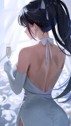 Rule 34 | 1girl, ass, backless dress, backless outfit, bare back, bare shoulders, black hair, blue archive, blue eyes, breasts, champagne flute, commentary request, cup, dress, drinking glass, earrings, fh moya, highres, holding, holding cup, jewelry, large breasts, long hair, ponytail, saori (blue archive), saori (dress) (blue archive), sidelocks, solo, upper body, very long hair, white dress