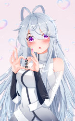 Rule 34 | 1girl, absurdres, ahoge, blush, chinese text, douluo dalu, gu yuena, heart, heart bubbles, heart hands, highres, long hair, pink background, purple eyes, silver hair, solo, weibo logo, weibo watermark