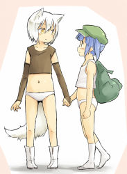 Rule 34 | 2girls, animal ears, backpack, bag, bare arms, blue hair, boots, bridal gauntlets, child, eye contact, holding hands, hat, inubashiri momiji, kawashiro nitori, looking at another, midriff, multiple girls, navel, no pants, no shoes, panties, shirt, silver hair, smile, socks, tabi, tail, touhou, twintails, two side up, underwear, underwear only, white legwear, white panties, wolf ears, wolf tail, yellow eyes, aged down, yudepii