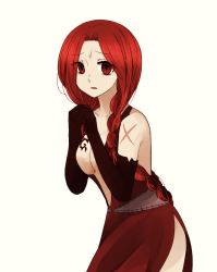 Rule 34 | 1girl, bare shoulders, braid, breast tattoo, breasts, cleavage, elbow gloves, eyes visible through hair, fairy tail, flare corona, gloves, highres, long hair, looking at viewer, red eyes, red hair, scar, solo, tattoo