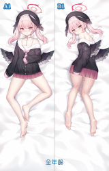 Rule 34 | 1girl, barefoot, bed sheet, black feathers, black wings, blue archive, choker, collarbone, commentary request, dakimakura (medium), feathered wings, feathers, from above, hair between eyes, halo, hat, head wings, highres, koharu (blue archive), long hair, long sleeves, looking at viewer, looking back, looking up, lying, on back, on stomach, pink eyes, pink hair, pleated skirt, re xiangbin, school uniform, serafuku, sidelocks, skirt, soles, solo, thighs, twintails, wings