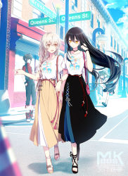 Rule 34 | 1boy, 3girls, ahoge, bag, black hair, black skirt, blonde hair, bow, bracelet, braid, breasts, cloud, cloudy sky, commentary request, crosswalk, day, earrings, full body, hair ornament, hand in own hair, heiyi, jewelry, lamppost, long hair, long skirt, looking at another, matching outfits, medium breasts, multiple girls, necklace, open mouth, original, outdoors, pointing, road, running, sandals, shirt, short hair, side braid, skirt, sky, smile, street, translation request, twintails, very long hair, walking