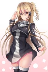 Rule 34 | 1girl, black dress, black jacket, black thighhighs, blonde hair, blush, closed mouth, cowboy shot, cropped jacket, cross, cross necklace, denpa (denpae29), dress, game club project, gradient background, hair between eyes, hand up, jacket, jewelry, long hair, long sleeves, looking at viewer, necklace, one side up, orange eyes, pendant, smile, solo, standing, thighhighs, thighs, very long hair, virtual youtuber, yumesaki kaede (game club project)