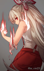 Rule 34 | 1girl, big hair, blurry, burnt clothes, clenched hand, covered mouth, depth of field, fire, fujiwara no mokou, grey background, hair ribbon, highres, long hair, mikami yuuki (nl8you), platinum blonde hair, profile, red eyes, ribbon, shiny skin, simple background, solo, touhou, very long hair