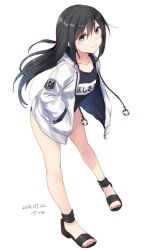 Rule 34 | 1girl, artist name, asashio (kancolle), black hair, blue eyes, blue one-piece swimsuit, blush, breasts, cosplay, covered navel, dated, full body, hair between eyes, hands in pockets, hood, hooded jacket, jacket, kantai collection, lifebuoy, long hair, long sleeves, looking at viewer, name tag, old school swimsuit, one-piece swimsuit, open clothes, open jacket, sandals, satsumi, school swimsuit, simple background, small breasts, smile, solo, standing, swim ring, swimsuit, swimsuit under clothes, track jacket, white background, white jacket, yukikaze (kancolle), yukikaze (kancolle) (cosplay)