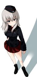 Rule 34 | 1girl, absurdres, aikir (jml5160), ankle boots, black footwear, black jacket, blue eyes, boots, buttons, contrapposto, double-breasted, from above, frown, full body, garrison cap, girls und panzer, grey hair, hand on own hip, hat, head tilt, highres, itsumi erika, jacket, kuromorimine military uniform, military hat, pout, red shirt, red skirt, shadow, shirt, skirt, solo, standing, tsurime, white background