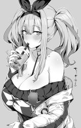 Rule 34 | 1girl, absurdres, azur lane, black dress, breasts, bremerton (azur lane), bremerton (day-off date) (azur lane), bremerton (happy dating) (azur lane), bubble tea, cleavage, collarbone, cup, disposable cup, dress, drink, drinking, drinking straw, eyewear hang, unworn eyewear, greyscale, highres, holding, holding cup, holding drink, hotate-chan, jacket, large breasts, long hair, looking at viewer, monochrome, off-shoulder dress, off shoulder, official alternate costume, open clothes, open jacket, solo, sunglasses, translation request, twintails, upper body, white jacket