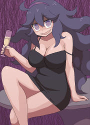 Rule 34 | 1girl, @ @, ahoge, alcohol, bare shoulders, black dress, breasts, champagne, cleavage, collarbone, creatures (company), crossed legs, dress, game freak, hairband, hex maniac (pokemon), highres, large breasts, long hair, looking at viewer, messy hair, nail polish, nintendo, open mouth, pokemon, pokemon xy, purple background, purple eyes, purple hair, sitting, smile, solo, thighs, yatani (do9z)