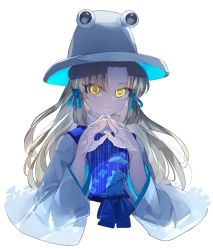 Rule 34 | 1girl, blonde hair, blue ribbon, blue vest, bow, chamaruk, commentary, cropped torso, english commentary, glowing, glowing eyes, hair bow, hat, horizontal pupils, long hair, long sleeves, looking at viewer, moriya suwako, own hands together, parted bangs, ribbon, shirt, simple background, smile, solo, touhou, turtleneck, upper body, vest, white background, white shirt, wide sleeves, yellow eyes
