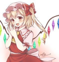 Rule 34 | 1girl, artist name, ascot, blonde hair, blush, bow, commentary request, dated, fang, flandre scarlet, frills, gradient background, haruki (colorful macaron), hat, hat bow, looking at viewer, mob cap, own hands together, red background, red bow, red eyes, red skirt, red vest, short hair, side ponytail, signature, skirt, smile, solo, touhou, vest, white background, wings, yellow ascot