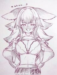 Rule 34 | 1girl, animal ears, blush, bra, breasts, clothes lift, commentary, corrupted twitter file, detached sleeves, hair ornament, highres, hololive, large breasts, lifted by self, long hair, long sleeves, looking at viewer, monochrome, navel, ookami mio, ookami mio (1st costume), shirt lift, solo, sweat, symbol-only commentary, traditional media, translation request, tsukareta san, underwear, virtual youtuber, wolf ears, wolf girl