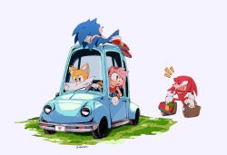 Rule 34 | 1girl, 3boys, ^^^, amy rose, animal nose, bag, bracelet, car, constricted pupils, fang, furry, furry female, furry male, gloves, hairband, highres, holding, holding bag, isa03re, jewelry, knuckles the echidna, lying, motor vehicle, multiple boys, on back, open mouth, red hairband, sleeping, snout, sonic (series), sonic the hedgehog, tails (sonic), twitter username, vehicle focus, white gloves