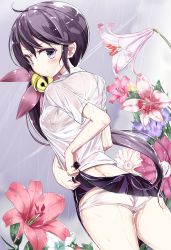 Rule 34 | 1girl, absurdres, ahoge, akebono (kancolle), ass, bell, black eyes, black hair, blouse, blush, cloud, cloudy sky, cowboy shot, dutch angle, flower, from behind, hair bell, hair between eyes, hair ornament, hamaken. (novelize), highres, kantai collection, lifting own clothes, lily (flower), long hair, looking at viewer, outdoors, pleated skirt, rain, see-through, shirt, side ponytail, skirt, sky, solo, very long hair, wet, wet clothes, wet shirt, white shirt