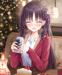 Rule 34 | 1girl, :d, ^ ^, absurdres, black hair, blurry, blurry background, blush, braid, cafe stella to shinigami no chou, cake, cake slice, can, candle, casual, cc lin, chinese commentary, christmas, christmas tree, closed eyes, coat, collared shirt, commentary, earrings, elbows on table, english commentary, eyelashes, facing viewer, flower, food, fruit, fur-trimmed hood, fur trim, hair between eyes, hair flower, hair ornament, hair ribbon, hands up, happy, heart, highres, holding, holding can, hood, hood down, indoors, jewelry, long hair, mixed-language commentary, mole, mole under eye, nail polish, notice lines, official alternate costume, open clothes, open coat, open mouth, pink nails, pink ribbon, red coat, ribbon, rose, shiki natsume, shirt, side braid, sitting, smile, snowflake necklace, snowflakes, solo, sparkle, straight hair, strawberry, stud earrings, upper body, very long hair, white flower, white rose, white shirt