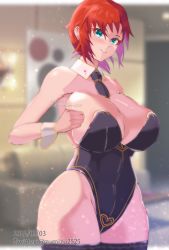 Rule 34 | 1girl, absurdres, bare shoulders, black leotard, blurry, blurry background, boudica (fate), breasts, cleavage, couch, curvy, detached collar, fate/grand order, fate (series), green eyes, highres, indoors, large breasts, leotard, necktie, red hair, short hair, short necktie, thick thighs, thighhighs, thighs, wrist cuffs, zumizu