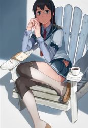 Rule 34 | 10s, 1girl, bad id, bad pixiv id, black hair, book, boots, chair, cup, glasses, hip vent, kantai collection, long hair, long sleeves, looking at viewer, makio (makiomeigenbot), md5 mismatch, necktie, ooyodo (kancolle), pleated skirt, revision, saucer, school uniform, semi-rimless eyewear, serafuku, sitting, skirt, smile, solo, teacup, thigh boots, thighhighs