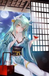 Rule 34 | 1girl, absurdres, alicexxxfragment, bad id, bad pixiv id, blush, breasts, cleavage, dragon girl, dragon horns, fate/grand order, fate (series), full moon, green hair, green kimono, highres, horns, japanese clothes, kimono, kiyohime (fate), large breasts, long hair, long sleeves, looking at viewer, moon, parted lips, sash, sitting, solo, thighhighs, white thighhighs, wide sleeves, yellow eyes