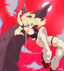 Rule 34 | 1girl, blonde hair, blush, cloud, from below, highres, jankojaro, long hair, looking down, original, red background, red eyes, signature, solo, sword, thighhighs, weapon