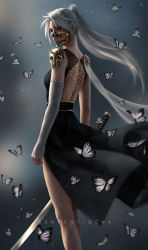 Rule 34 | 1girl, bare back, bare shoulders, black dress, blurry, blurry background, bug, butterfly, detached sleeves, dress, from behind, holding, holding sword, holding weapon, insect, light particles, looking at viewer, looking back, mask, mouth mask, original, ponytail, red eyes, serpentigena, silver hair, skull, skull mask, solo, sword, weapon, wind