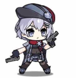 Rule 34 | 1girl, alternate costume, animated, animated gif, black thighhighs, blue eyes, blue footwear, blue hair, blue hat, blue shorts, dual wielding, full body, girls&#039; frontline, gun, hat, holding, laughing, lowres, mod3 (girls&#039; frontline), mp-446 (girls&#039; frontline), mp-446 (mod3) (girls&#039; frontline), mp-446 viking, navel, official alternate costume, official art, scarf, short hair, shorts, simple background, skin tight, thighhighs, weapon, white background