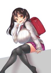 Rule 34 | 1girl, backpack, bag, black hair, black thighhighs, blush, breasts, fang, highres, huge breasts, long hair, looking at viewer, open mouth, oppai loli, original, pleated skirt, randoseru, simple background, sitting, skin fang, skirt, smile, solo, sweater, thighhighs, turtleneck, turtleneck sweater, twintails, watari1118, white background, yellow eyes