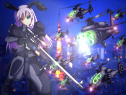 Rule 34 | 1girl, aircraft, alternate costume, animal ears, bipod, bolt action, building, city, female focus, ghost in the shell, ghost in the shell stand alone complex, gun, gunships, helicopter, helicopters, junkei, military, night, rabbit ears, reisen udongein inaba, rifle, scope, sniper rifle, solo, touhou, uh-60 blackhawk, weapon