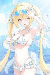 Rule 34 | 1girl, arm garter, arm up, armpits, bare shoulders, bikini, blonde hair, blue eyes, blue nails, breasts, cleavage, day, eyewear on head, frilled bikini, frills, hair ornament, halo, highres, kira (kira78718520), long hair, looking at viewer, medium breasts, navel, one eye closed, open mouth, original, outdoors, solo, stomach, sunglasses, swimsuit, thighs, twintails, very long hair, water, wet, white bikini, wings