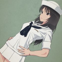 Rule 34 | 10s, 1girl, akagi (fmttps), black eyes, black hair, black neckerchief, blouse, closed mouth, commentary, cowboy shot, dixie cup hat, dutch angle, girls und panzer, green background, hands on own hips, hat, light frown, long hair, long sleeves, looking to the side, military hat, miniskirt, murakami (girls und panzer), neckerchief, ooarai naval school uniform, pleated skirt, sailor collar, school uniform, shirt, skirt, sleeves rolled up, solo, standing, white hat, white shirt, white skirt