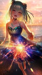Rule 34 | 1girl, :d, bad id, bad twitter id, bare arms, bare shoulders, beach, black choker, blush, choker, commentary request, double bun, dress, fireworks, foot out of frame, frq4 h, green hair, hair bun, hair ribbon, head tilt, highres, holding fireworks, hololive, light particles, long hair, looking at viewer, open mouth, outdoors, red eyes, ribbon, sleeveless, sleeveless dress, smile, solo, sparkler, standing, uruha rushia, uruha rushia (1st costume), virtual youtuber