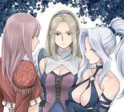 Rule 34 | 3girls, armor, back tattoo, bare shoulders, black dress, black gloves, blue eyes, breasts, cleavage, cleavage cutout, clothing cutout, collarbone, commentary request, crossed arms, dress, earrings, elbow gloves, epaulettes, gensou suikoden, gensou suikoden iv, gloves, hairband, ham pon, hoop earrings, jacket, jeane (suikoden), jewelry, kika (suikoden), large breasts, light brown hair, long hair, looking at viewer, multiple girls, ornela (rhapsodia), pauldrons, pink hair, ponytail, red jacket, rhapsodia, shoulder armor, silver hair, sleeveless, sleeveless dress, tattoo, upper body