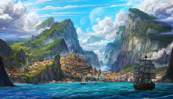 Rule 34 | absurdres, boat, building, city, cliff, cloud, cloudy sky, commentary, critical role, day, dungeons & dragons, dungeons &amp; dragons, english commentary, harbor, highres, house, idrawbagman, landscape, moon, mountain, nature, no humans, ocean, outdoors, sail, sailboat, scenery, ship, sky, statue, very wide shot, watercraft