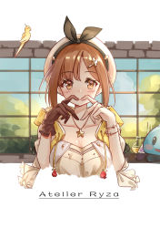 Rule 34 | 1girl, atelier (series), atelier ryza, atelier ryza 1, beret, bird, blush, breasts, brown eyes, brown gloves, brown hair, cleavage, collarbone, copyright name, gloves, hair ornament, hairclip, hat, heart, heart hands, highres, jewelry, looking at viewer, medium breasts, necklace, puni (atelier), reisalin stout, scarlet dango, short hair, single glove, solo, star (symbol), star necklace, upper body, white hat