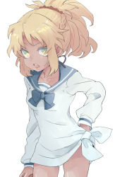 Rule 34 | 1girl, arm at side, blonde hair, blue bow, blue sailor collar, bow, braid, collarbone, cowboy shot, fate/grand order, fate (series), green eyes, hair ornament, hair scrunchie, hand on own hip, kidhukaji, looking at viewer, mordred (fate), mordred (fate) (all), mordred (fate/apocrypha), mordred (swimsuit rider) (fate), mordred (swimsuit rider) (second ascension) (fate), open mouth, ponytail, red scrunchie, sailor collar, scrunchie, shirt, sidelocks, simple background, solo, tan, tied shirt, v-shaped eyebrows, white background, white shirt
