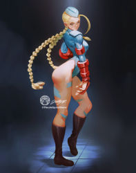 Rule 34 | 1girl, ahoge, armband, blonde hair, blue eyes, blue leotard, bodypaint, boots, braid, breasts, cammy white, camouflage, commentary, curvy, elbow gloves, english commentary, facial scar, fingerless gloves, forehead, full body, garrison cap, gloves, hat, highleg, highleg leotard, highres, huge ahoge, jet kimchrea, leotard, long hair, long legs, red gloves, ribbed leotard, scar, scar on cheek, scar on face, shoulder pads, small breasts, solo, street fighter, street fighter zero (series), twin braids, very long hair, watermark