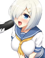 Rule 34 | 10s, 1girl, blue eyes, blush, breasts, don (29219), ehoumaki, food, hair ornament, hair over one eye, hairclip, hamakaze (kancolle), kantai collection, large breasts, makizushi, open mouth, pleated skirt, school uniform, serafuku, sexually suggestive, short hair, short sleeves, silver hair, simple background, skirt, solo focus, sushi, sweatdrop, tongue, tongue out, uniform, v arms, white background