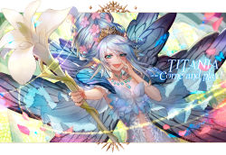 Rule 34 | 1girl, :d, aqua eyes, blue wings, braid, butterfly wings, character name, english text, fairy, final fantasy, final fantasy xiv, floating hair, flower, fujii niko, furrowed brow, hair between eyes, hair flower, hair ornament, hand on own cheek, hand on own face, hand up, holding, holding staff, insect wings, jewelry, letterboxed, long hair, looking at viewer, necklace, open mouth, outstretched arm, petals, pink flower, pointy ears, silver hair, single braid, smile, solo, staff, tiara, titania (final fantasy), uneven eyes, wings