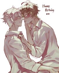 Rule 34 | 2boys, absurdres, ahoge, bishounen, blue eyes, blush, brown hair, commentary, cowboy shot, embarrassed, english commentary, english text, eye contact, finger to another&#039;s mouth, gift art, granblue fantasy, hair between eyes, hand on another&#039;s cheek, hand on another&#039;s face, happy birthday, highres, looking at another, lucifer (shingeki no bahamut), male focus, messy hair, multiple boys, open clothes, open shirt, papercider, parted lips, red eyes, sandalphon (granblue fantasy), shirt, short hair, sitting, sitting on lap, sitting on person, sketch, smile, third-party source, white background, white hair, white shirt, yaoi