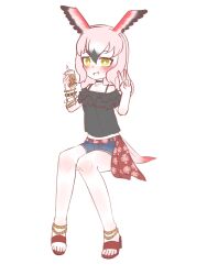 Rule 34 | 1girl, absurdres, bare shoulders, belt, bird girl, bird tail, bird wings, black choker, black hair, black shirt, bracelet, bubble tea, casual, chai chai huishi, choker, commentary, denim, denim shorts, fang, frilled shirt, frills, greater flamingo (kemono friends), hair between eyes, head wings, high heels, highres, jewelry, kemono friends, kemono friends 3, long hair, looking at viewer, midriff peek, multicolored hair, official alternate costume, pink hair, red belt, red footwear, sandals, shirt, short shorts, shorts, sidelocks, sitting, smile, solo, spaghetti strap, symbol-only commentary, tail, v, wings, yellow eyes