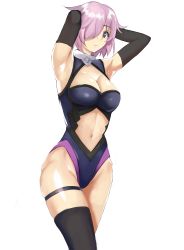 Rule 34 | 1girl, absurdres, armpit peek, armpits, arms behind back, black gloves, breasts, cleavage, clothing cutout, commentary request, cowboy shot, curvy, elbow gloves, fate/grand order, fate (series), gloves, highres, large breasts, looking at viewer, mash kyrielight, memory342, navel, parted lips, pink hair, purple eyes, shiny skin, short hair, simple background, single thighhigh, solo, standing, stomach cutout, thigh strap, thighhighs, thighs, white background