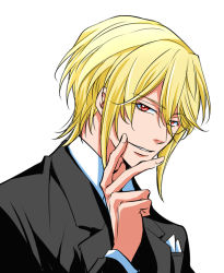 Rule 34 | 1boy, blonde hair, formal, hair between eyes, male focus, medium hair, pocket square, simple background, sisido (black candy), suit, upper body, white background, william james moriarty, yuukoku no moriarty