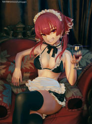 Rule 34 | 1girl, absurdres, alcohol, apron, artoria pendragon (alter swimsuit rider) (fate), artoria pendragon (alter swimsuit rider) (fate) (cosplay), artoria pendragon (alter swimsuit rider) (second ascension) (fate), artoria pendragon (fate), bikini, bikini skirt, black bikini, black bow, black ribbon, black skirt, black thighhighs, bow, bowtie, breasts, choker, cosplay, couch, crossed legs, cup, drinking glass, earrings, fate (series), frilled apron, frilled bikini, frilled choker, frilled skirt, frills, greatodoggo, grin, hair between eyes, hair ribbon, heterochromia, highres, holding, holding cup, hololive, houshou marine, jewelry, large breasts, long hair, looking at viewer, maid, maid bikini, maid headdress, miniskirt, nail polish, neck ribbon, pink nails, red eyes, red hair, red ribbon, ribbon, sitting, skirt, smile, solo, sparkle, swimsuit, teeth, thighhighs, twintails, unconventional maid, virtual youtuber, waist apron, white apron, wine, wine glass, yellow eyes