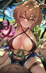 Rule 34 | 1girl, :q, agnes tachyon (lunatic lab) (umamusume), agnes tachyon (umamusume), animal ears, assertive female, beach, belt, bikini, bikini under clothes, black bikini, blue shorts, breasts, brown hair, cameltoe, closed mouth, collarbone, covered erect nipples, criss-cross halter, dappled sunlight, day, denim, denim shorts, dutch angle, ear ornament, empty eyes, fisheye, flask, girl on top, gloves, green jacket, hair between eyes, halterneck, highres, holding, holding flask, holding hands, horse ears, horse girl, horse tail, interlocked fingers, jacket, large breasts, leaning forward, licking lips, looking at viewer, medium hair, ocean, official alternate costume, open clothes, open fly, open shorts, outdoors, paid reward available, pov, pov crotch, pov hands, red eyes, round-bottom flask, sand, short shorts, short sleeves, shorts, single glove, sitting, sitting on person, smile, solo focus, sunlight, swimsuit, tail, thigh belt, thigh strap, tied jacket, tongue, tongue out, torn clothes, torn shorts, umamusume, water, zzo0