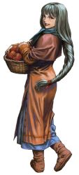 Rule 34 | 1girl, :d, apple, basket, blue scarf, boots, braid, brown dress, brown footwear, buttons, capelet, carrying, dress, food, fruit, full body, long hair, looking at viewer, official art, open mouth, parted lips, platina (valkyrie profile), scarf, side slit, silver hair, simple background, single braid, smile, solo, teeth, unbuttoned, valkyrie profile (series), walking, white background, yoshinari kou