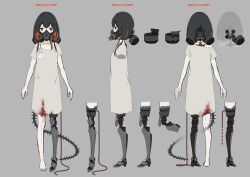 1girl barcode barcode_tattoo barefoot black_hair blood blood_on_clothes cable choker collarbone colored_inner_hair cyborg from_behind from_side grey_background halo highres hospital_gown id_card low_twintails mask mechabare mechanical_legs mechanical_tail multicolored_hair multiple_views number_tattoo off_shoulder orange_eyes orange_hair orange_halo original pale_skin prosthesis prosthetic_leg reference_sheet respirator single_mechanical_leg tail tattoo turnaround twintails zenmaibook