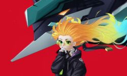Rule 34 | 1girl, absurdres, aurelion sol (league of legends), black jacket, blonde hair, character request, dryskeleton (drawing jimmy), eating, glasses, headphones, highres, hood, hood down, hooded jacket, jacket, league of legends, long hair, long sleeves, mecha aurelion sol, non-humanoid robot, red background, robot, robot dragon, round eyewear, simple background, sleeves past wrists, teeth, upper body, wavy hair, white hair, yellow eyes, zoe (league of legends)