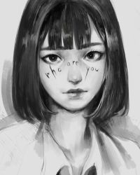 1girl blunt_bangs bob_cut body_writing closed_mouth collared_shirt grey_background greyscale highres looking_at_viewer monochrome original portrait shirt solo upper_body wataboku wing_collar